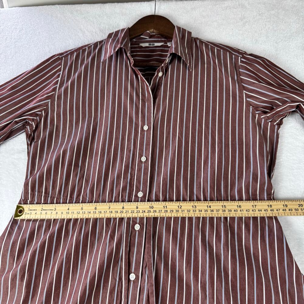 Uniqlo Striped Shirt Dress Small Brown White Long Sleeve Button Front Midi Dress - Picture 6 of 13